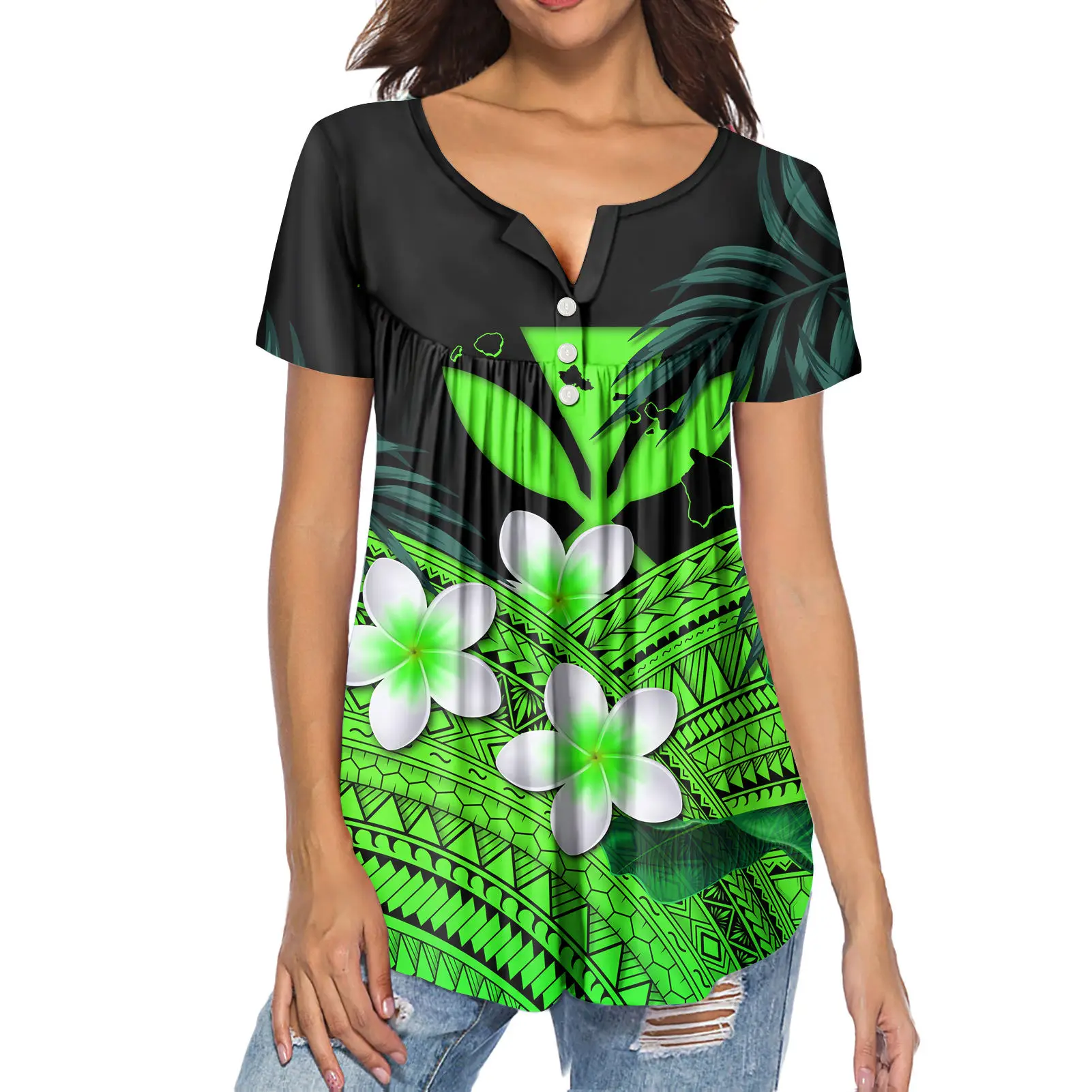 

HYCOOL Green Plumeria Design Fashion Women Shirts And Tops Custom Button Down Blouses For Ladies New Square Neck Chiffon Blouses