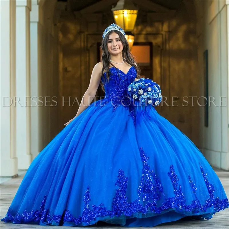 Vestidos de Quinceañera de princesa azul real, lentejuelas, encaje, cuentas, escote Corazón, cordones, corsé, fiesta de cumpleaños, dulce 16, 2023