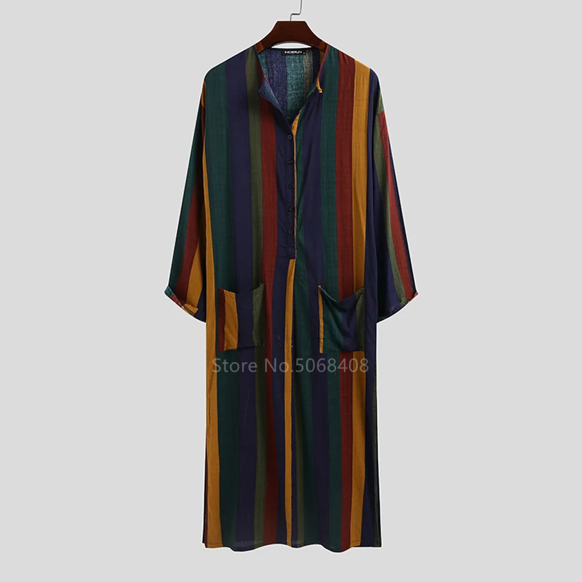 Muslim Fashion Jubba Thobe Men Islamic Arab Fashion Robes Striped Pocket Round Collar Long Sleeve Pullover Kaftan Linen Vintage