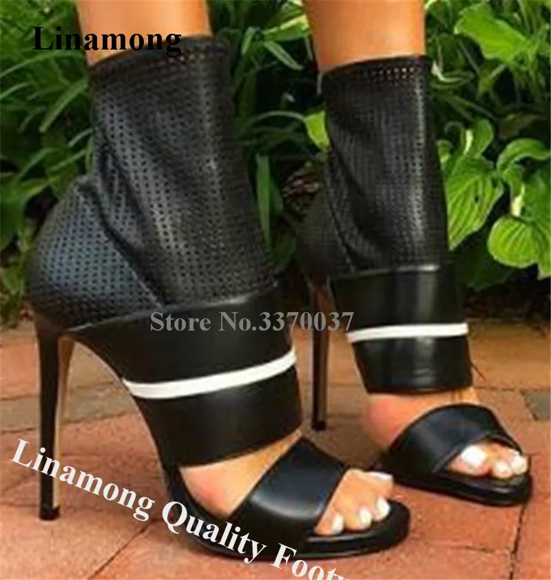 

Linamong New Design Open Toe Stiletto Heel Short Gladiator Boots Cut-out White Black Leather Patchwork High Heel Ankle Booties