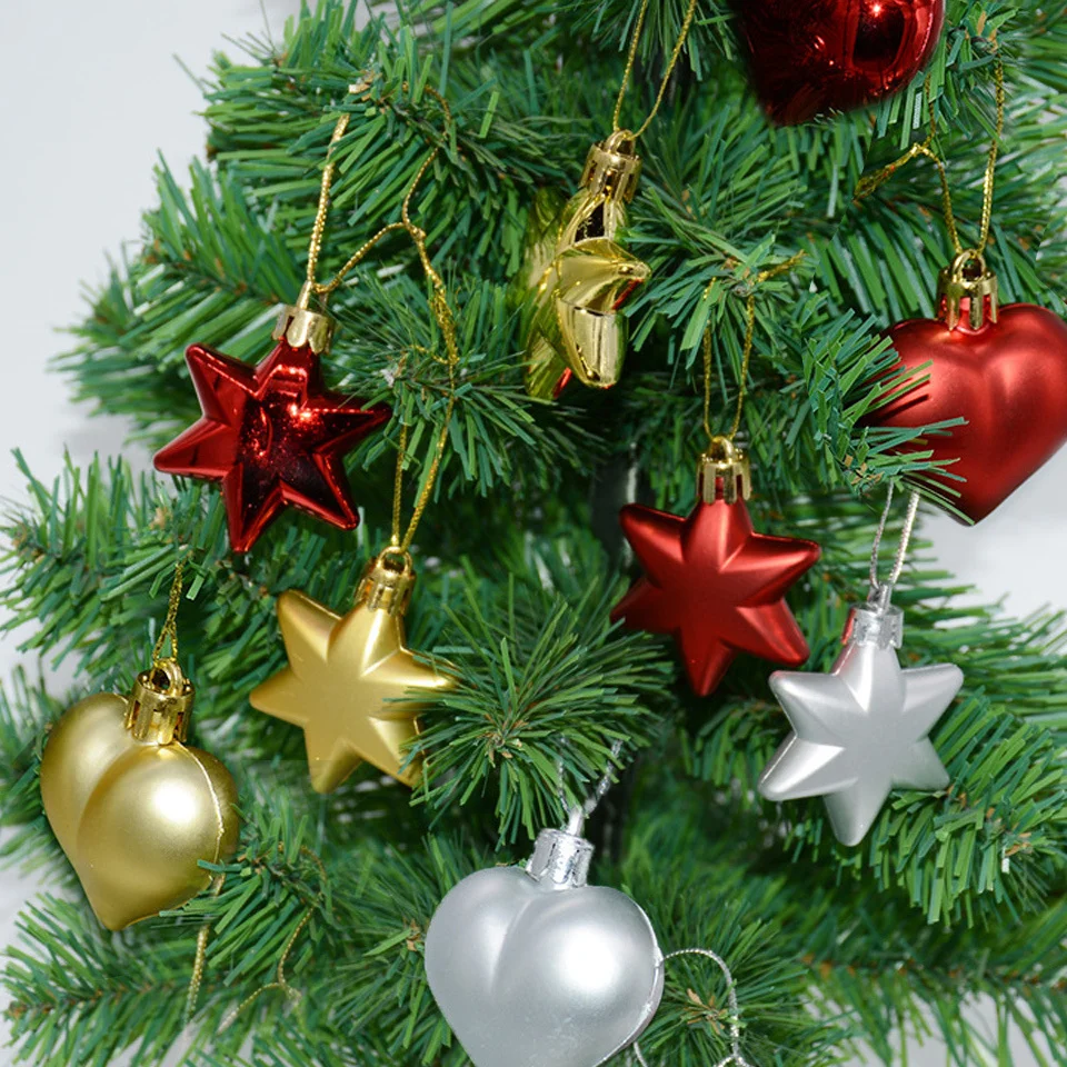 12PCS/lot Red Gold Christmas Star Heart Tree Ornaments for 2021 Noel Decorations Xmas Kids Crafts Home Party Pendants