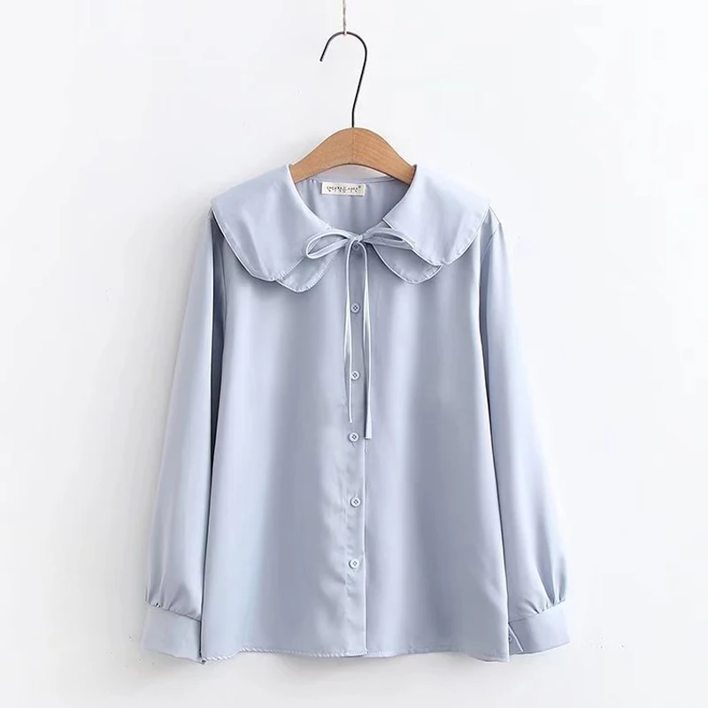 

Elegant Fashion White Shirts Women Doll Collar Tie Front Long Sleeve Button Lace Up Blouse Pink Spring 2022 Chic Tops Black Blue