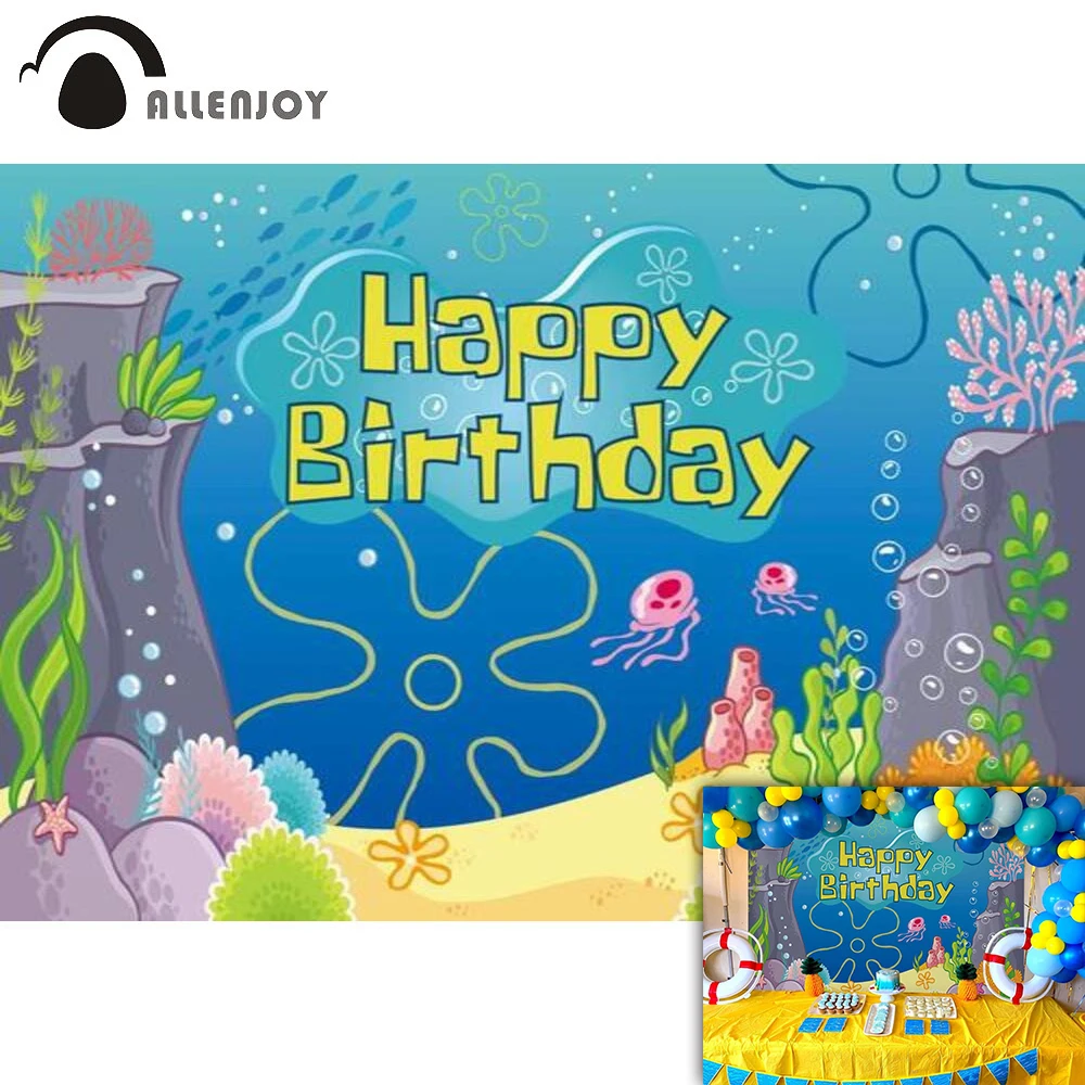 Allenjoy Undersea Birthday Backdrop Sponge Boy Jellyfish Photography Background for Kids Baby Shower Party Decor Supplies Banner