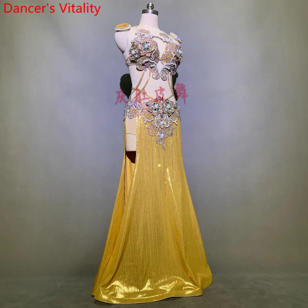 Women Belly Dance Competition Outfits Customized Slap-up Diamond Bra Skirt Belt Oriental Indian Drum Dancing Performance Costume