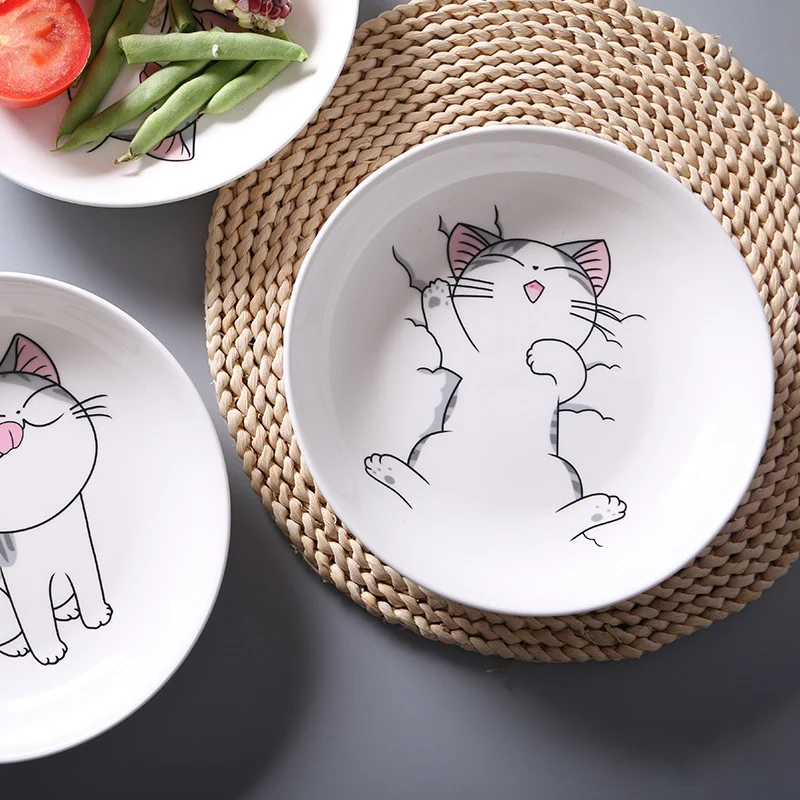 2pcs Originality Cartoon Cat Ceramics Plate Children Tableware Fruits Disc Steak Dish Breakfast Fruit Tray Dinner Plates