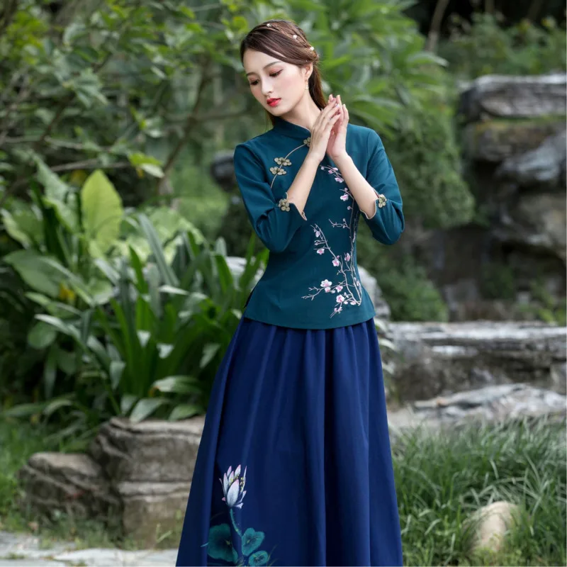 

SHENG COCO Plus Size 4XL Chinese Traditional Top Women Navy Blue Embroidery Cotton Qipao Tops Oriental Autumn Haut Chinois