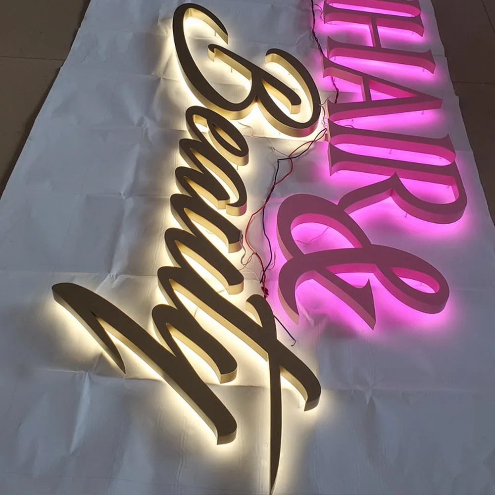 Colorful lights salon shopfront stainless steel alphabet metal led signs letters surface paint coated