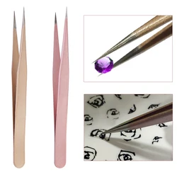 1Pc Straight Tweezer Champaign Rose Gold Nail Art Stickers Rhinestones Picking Tool Gem Decor Eyelash