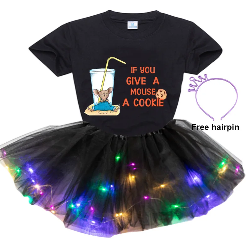 Girls Suit Rainbow Led Tutu Dress Set Funny TShirt If You Give A Mouse A Cookie Led Light Kids Children Clothes for Toddler Girl