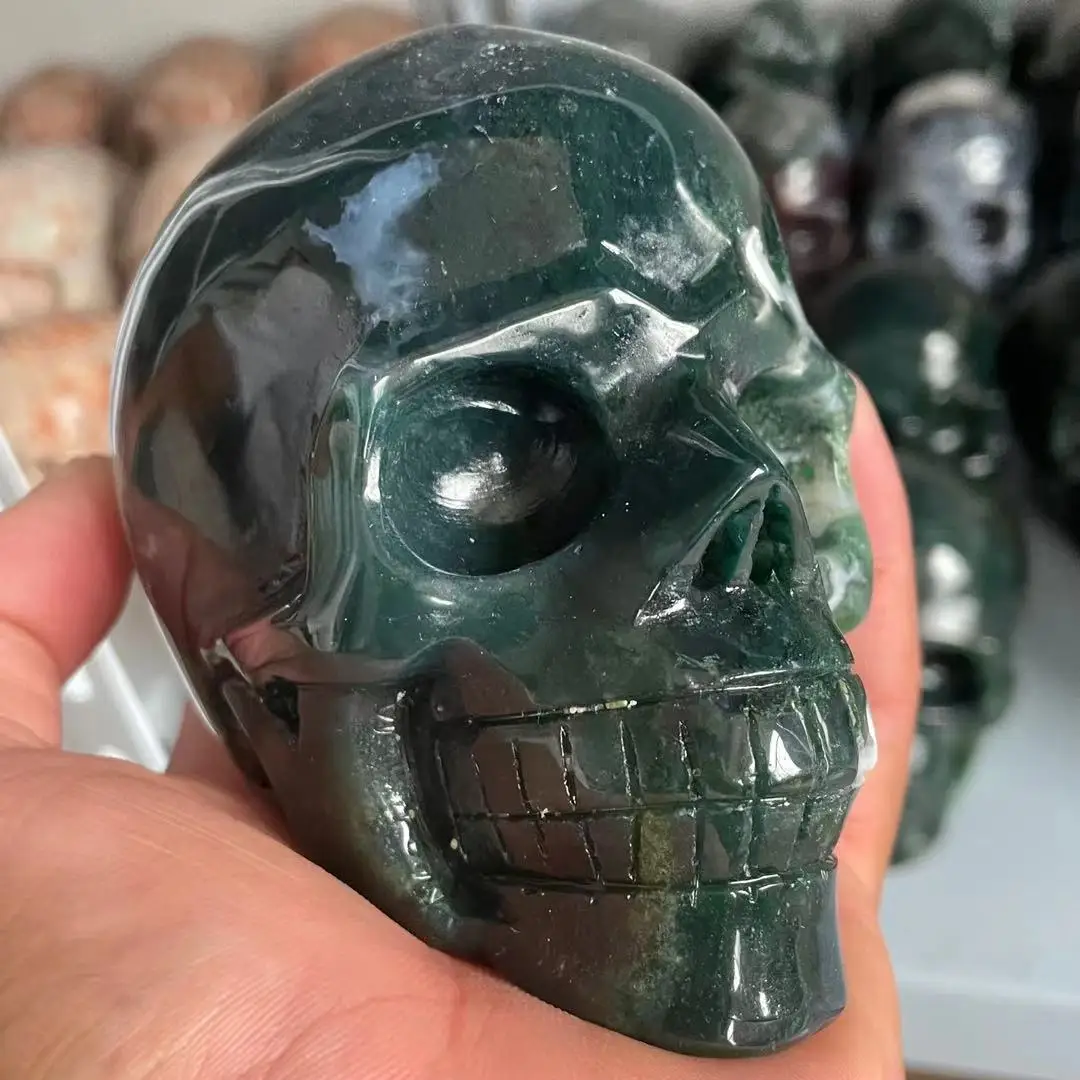 10cm Natural aqua agate crystal carving skull meditation reiki healing, home decoration can be used as a gift