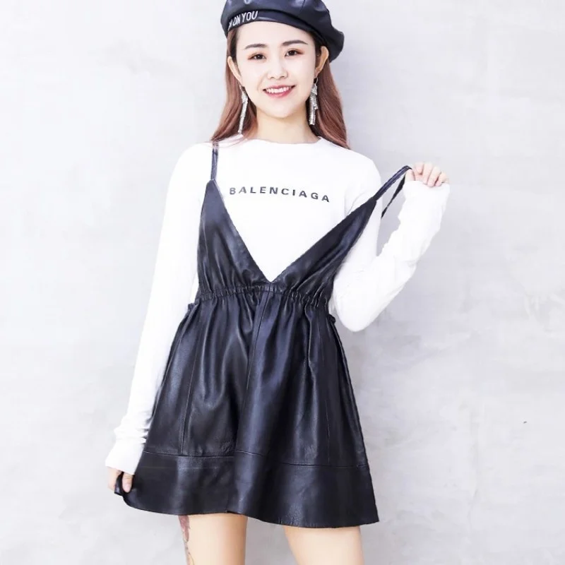 Leather Real Dress Women Street Spaghetti Strap Pleated Loose Short Dress V-Neck High Waist Pullover Preppy Sweet A-Line Dress