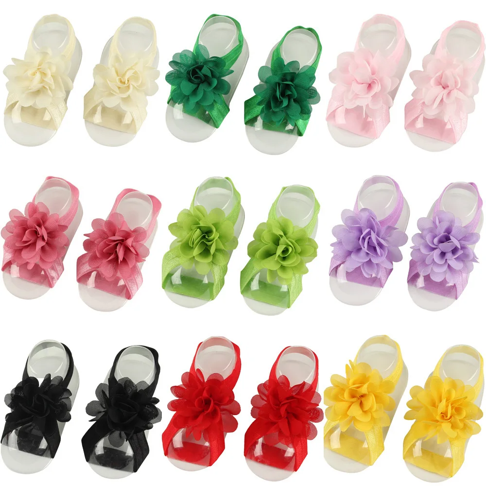 Solid Color Handmade Chiffon Flowers Infant Barefoots Sandals DIY Children Accessories Newborn Photography Props Birthday Gifts