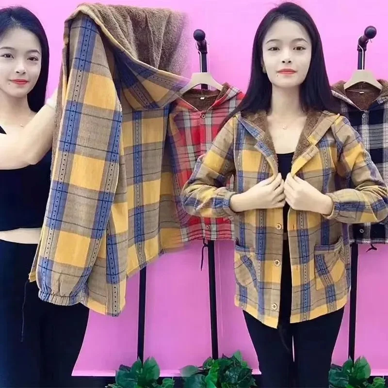 2022 New Hooded Autumn Winter Ladies Jacket Fashion Add Velvet Short Women\'s Coatlattice Single-Breasted Loose Outerwear
