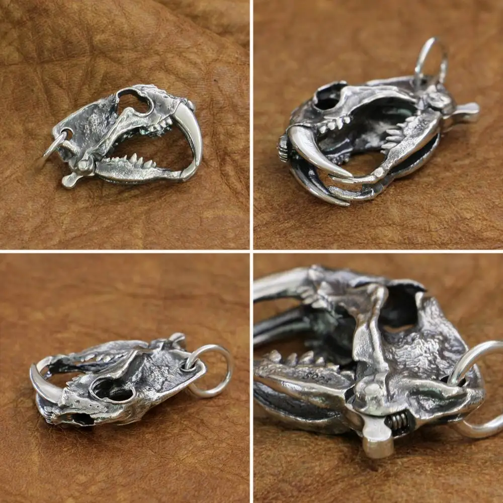 925 Sterling Silver Openable Tiger Lion Skull Pendant Mens Punk Pendant TA214