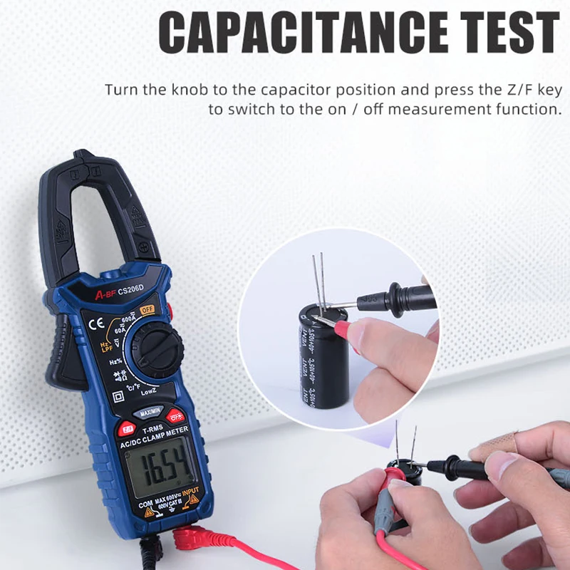 A-BF CS206B/CS206D Digital AC/DC Clamp Meter True RMS Auto Range MAX/MIN NCV Current Voltage Temp Capacitor Tester