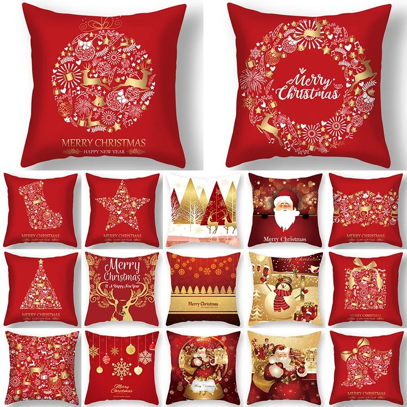 1Pcs Christmas Deer Tree Pattern Red Cushion Cover Polyester 45*45cm Decorative Pillowcase New Year Sofa Home PillowCover 40993