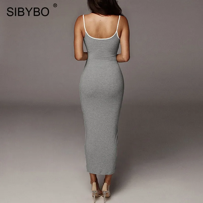 SIBYBO Ribbed Spaghetti Strap Cotton Dress Women Sleeveless O-Neck Summer Dress Solid Backless Long Party Dress