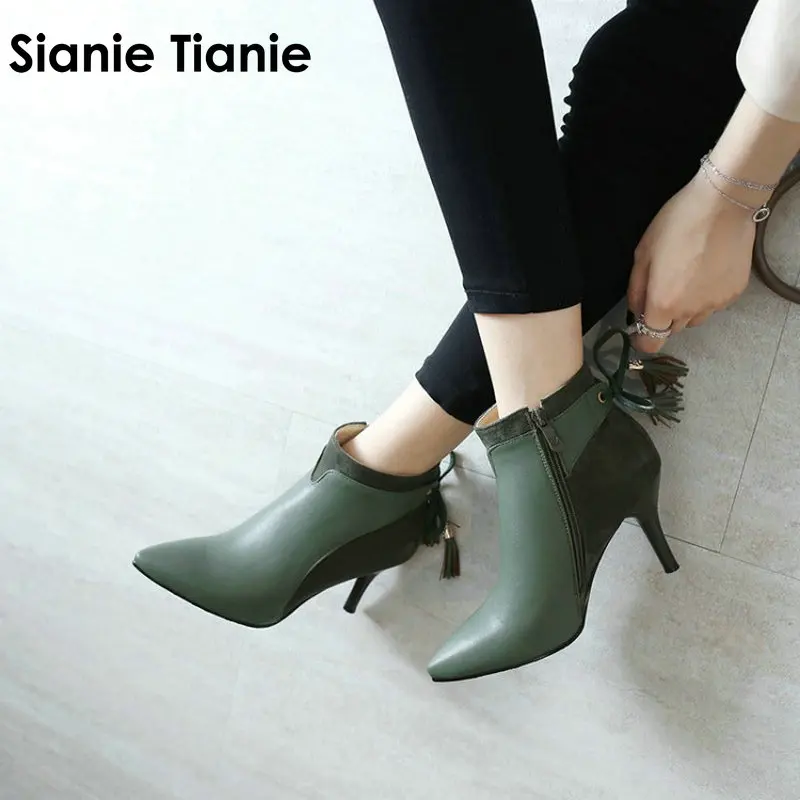 Sianie Tianie 2024 winter autumn thin high heels shoes woman elegant ladies pumps green ankle boots women boots with bowtie knot