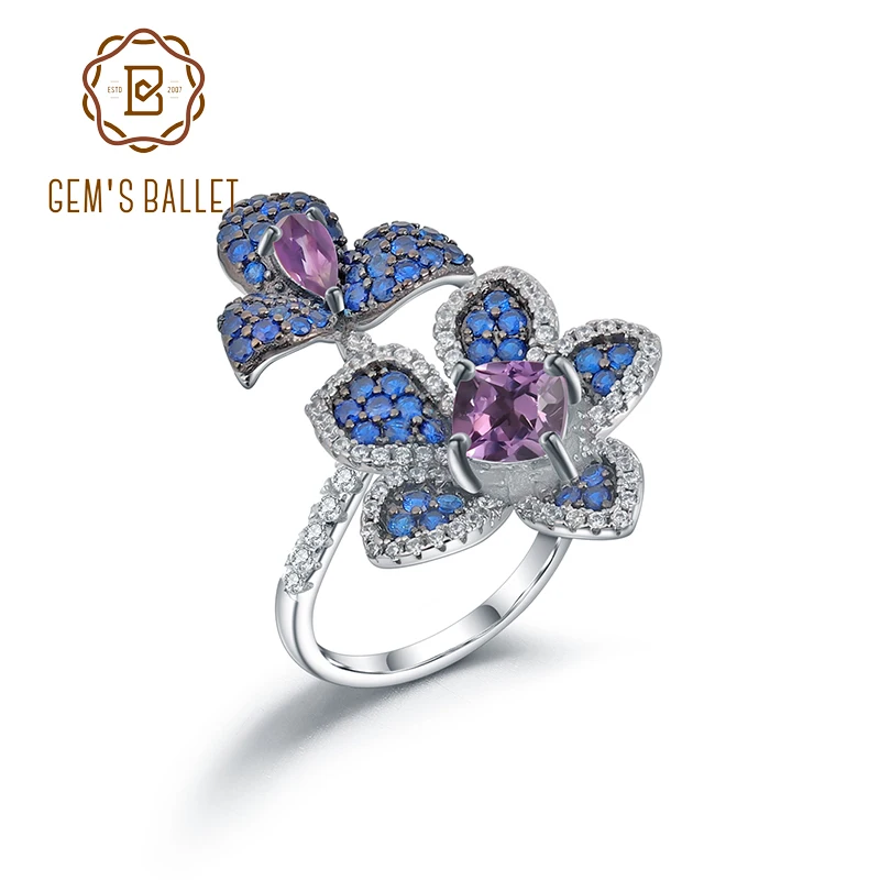 GEM'S BALLET 925 Sterling Silver Secret Garden Handmade Flower Adjustable Ring For Women Natural Amethyst Gemstones Open Rings