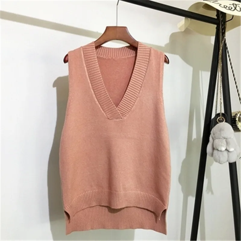 

Solid V-neck Knitted Vest Women Loose Sleeveless Sweater Vest Autumn And Winter New Korean Wild Casual Pullover Khaki Jumper