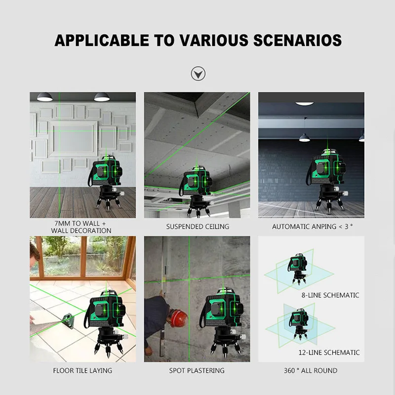 8/12 linii 3D poziom lasera 360 regulowany dostosowania poziomy pionowy krzyż zielony Laser wiązka laserowa poziomowania maszyna znacznikowa