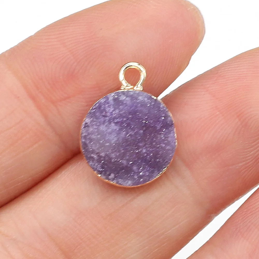 2pcs Natural Druzy Agates Pendants Charms Round Crystal Geode Small Pendants For Jewelry Making Necklace DIY Size 12x15mm