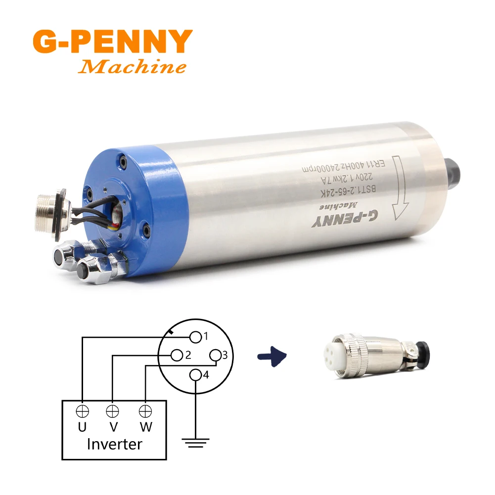 G-PENNY 1.2KW ER11 Water cooled spindle motor D65mm 400Hz Wood/Stone working spindle CNC Machine 4 pcs ball bearings