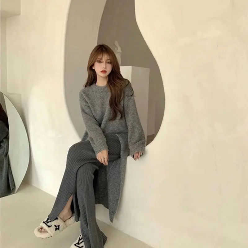 Sweater women\'s 2021 new autumn and winter loose Pullover head side fork knee length knitted wool dress