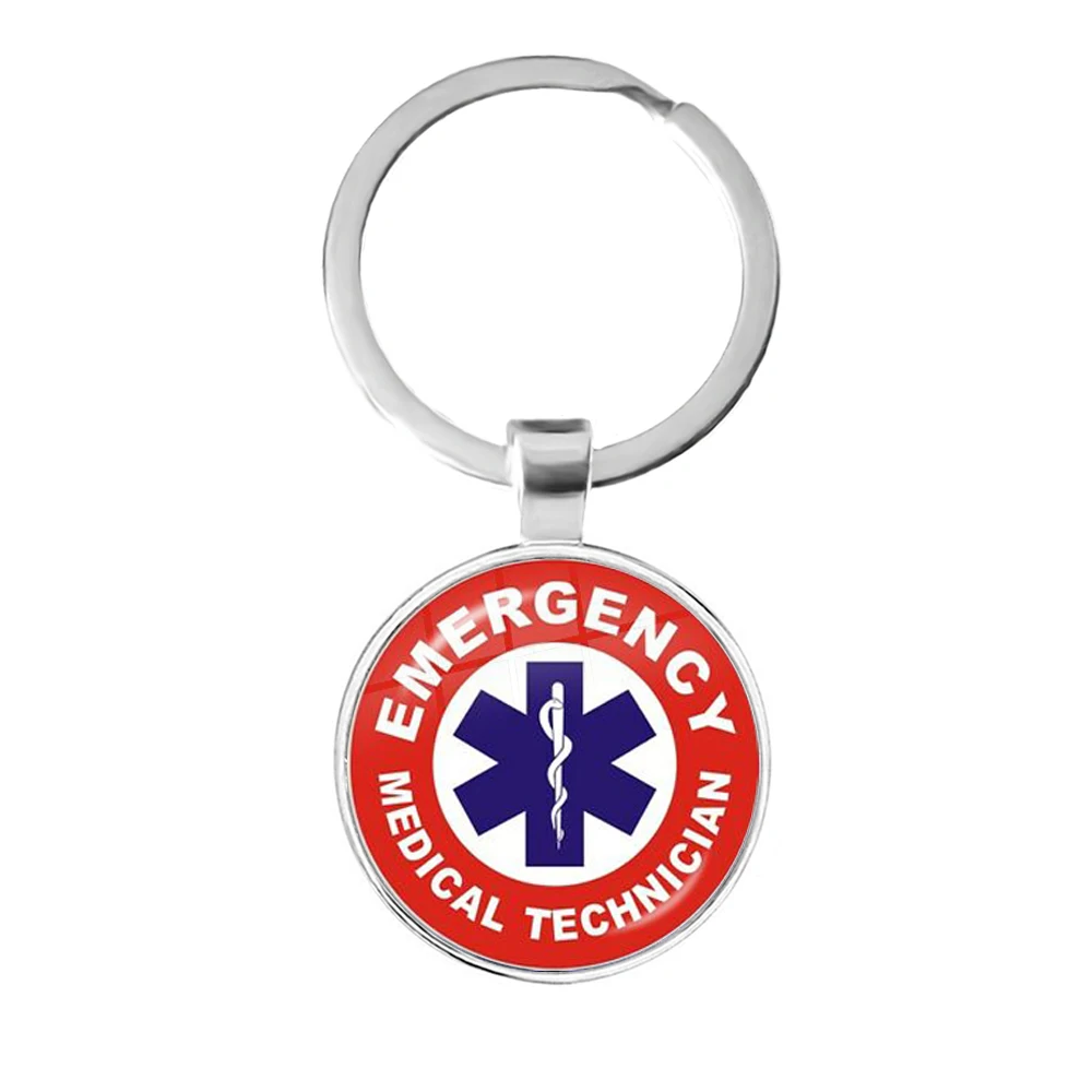 Emergency Medical Technician Paramedic Symbol Logo keychain Glass Cabochon Blue Star of Life EMT Sign Key Rings Holder For Gift