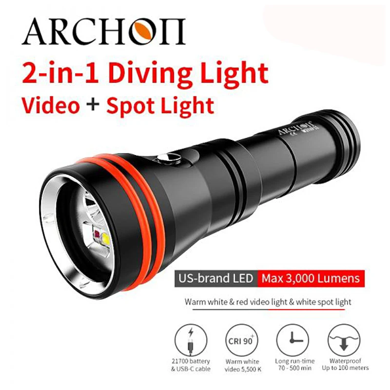 ARCHON D15VP II W21VP II Dive Video Light 3 color 3000LM dive HD video fill Flashlight with 21700 Type-c usb charging battery