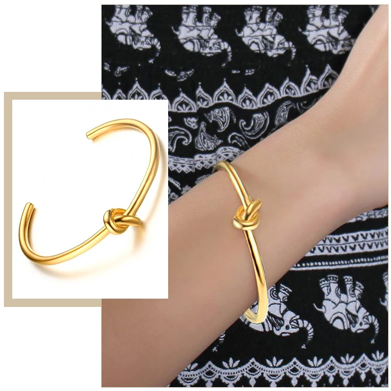 Candid Style Knot Cuff Bangle for Women,Gold Color Stainless Steel Elegant Tie Charm Bracelets, BFF Sisters Party Jewelry