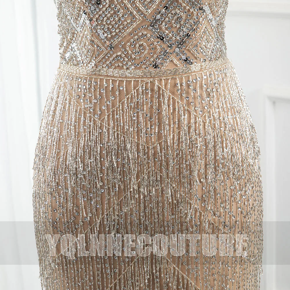 YQLNNE-vestido de noche de lujo con diamantes de Dubái, Halter con cuello largo vestido de noche, cuentas, Espalda descubierta, recto, Sexy, con abertura