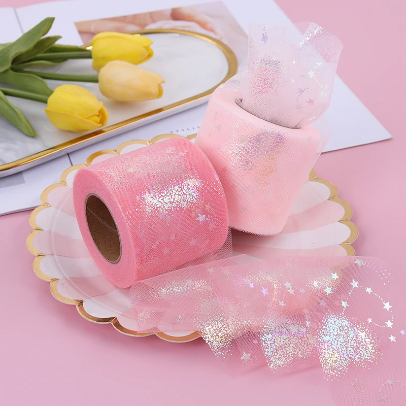 6cm 22meters Illusory Color Heart Tulle Glitter Ribbon Organza Mesh Fabric Tape DIY Craft Hair Clip Bow Supplies