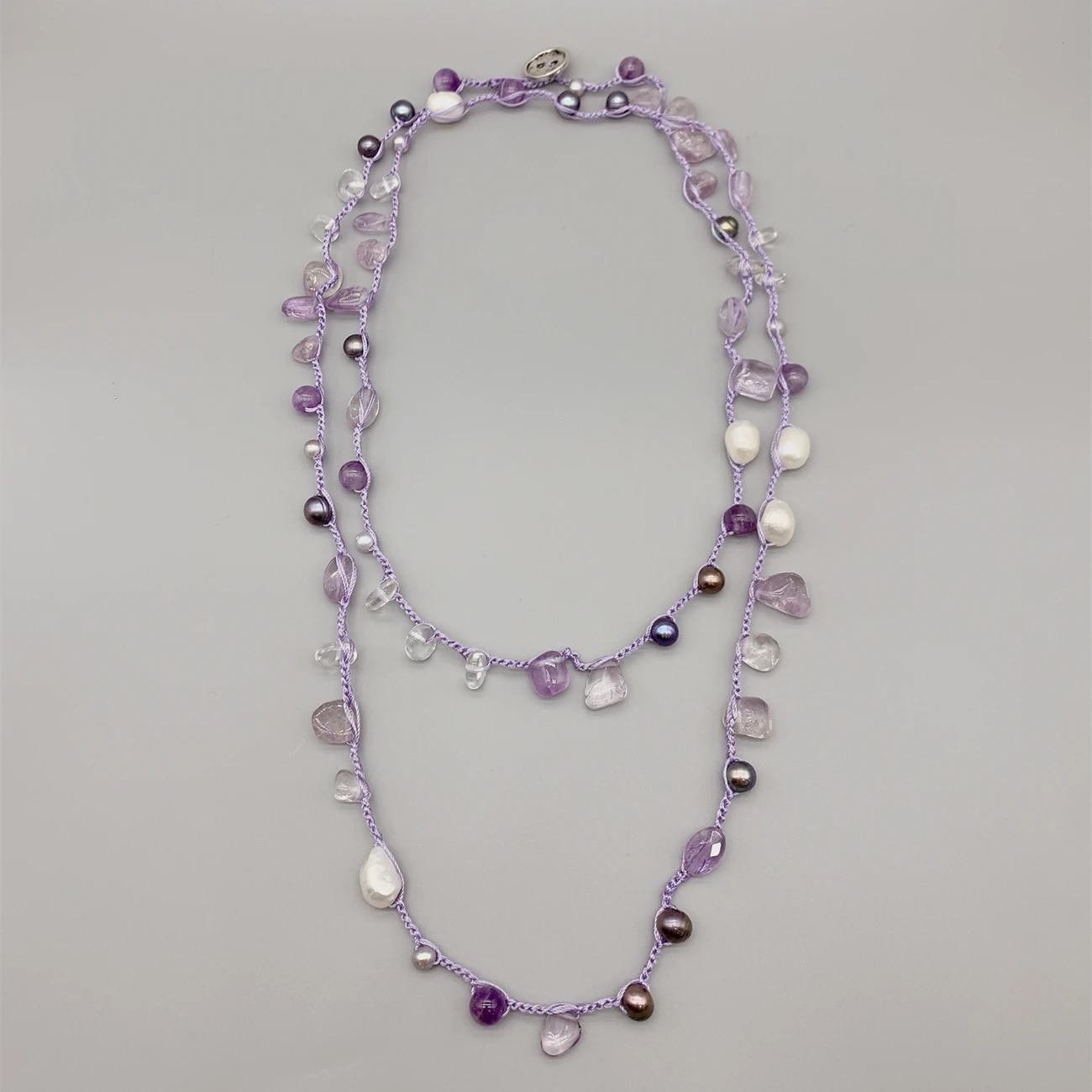 FoLisaUnique Clear Quartz Purple Amethyst Necklace For Women Gift Black Pearls White Potato Baroque Pearls Braid Long Necklace