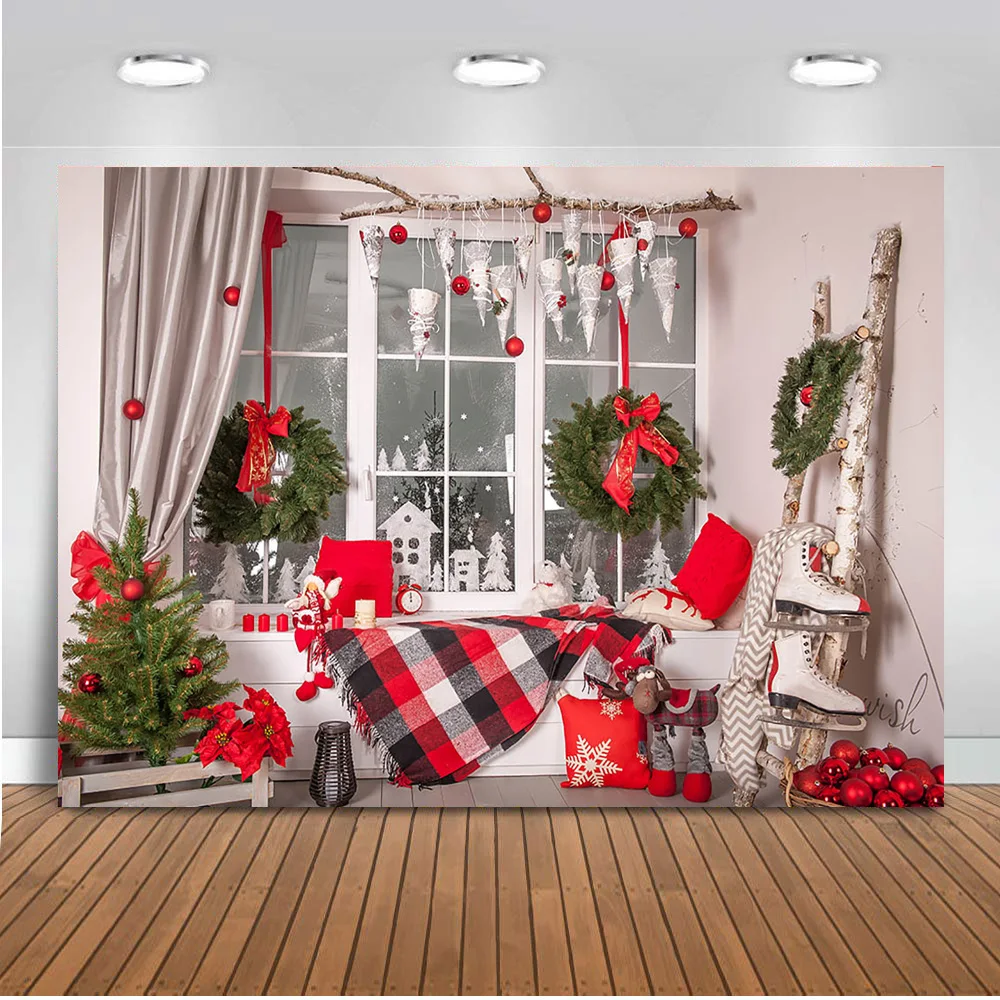 ธีมสีแดงคริสต์มาสอุปกรณ์การถ่ายภาพ Props ระฆังหน้าต่างต้นคริสต์มาสพื้นหลังพวงหรีดสีเขียวของเล่นฤดูหนาววันเกิด Party