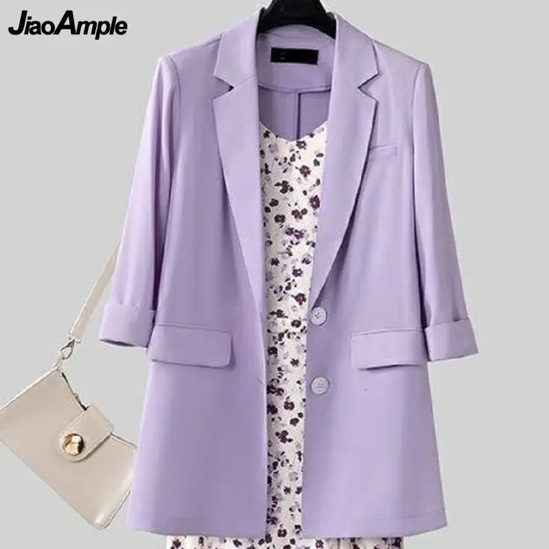 Elegant Clothing Set 2023 Summer Women Korean Graceful Leisure Suit Coat Chiffon Sling Dress Sets Lady Office Purple Jacket