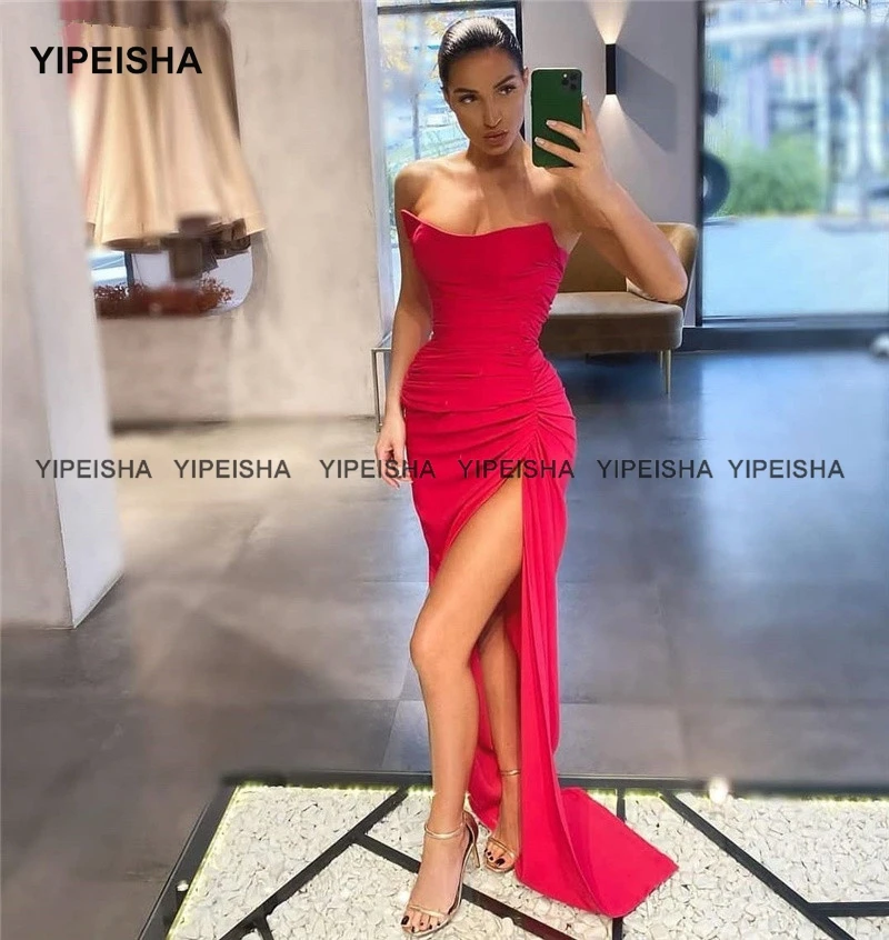 Yipeisha Strapless Mouwloos Mermaid Prom Dress Lange Sexy Side Split Avondjurk Robe De Soiree Wedding Party Dress