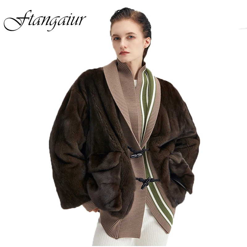 Ftangaiur New Winter Import Purple Label Mink Fur Coat V-Neck Loose Long Sleeve Causal Women Medium Real Mink Fur Coats