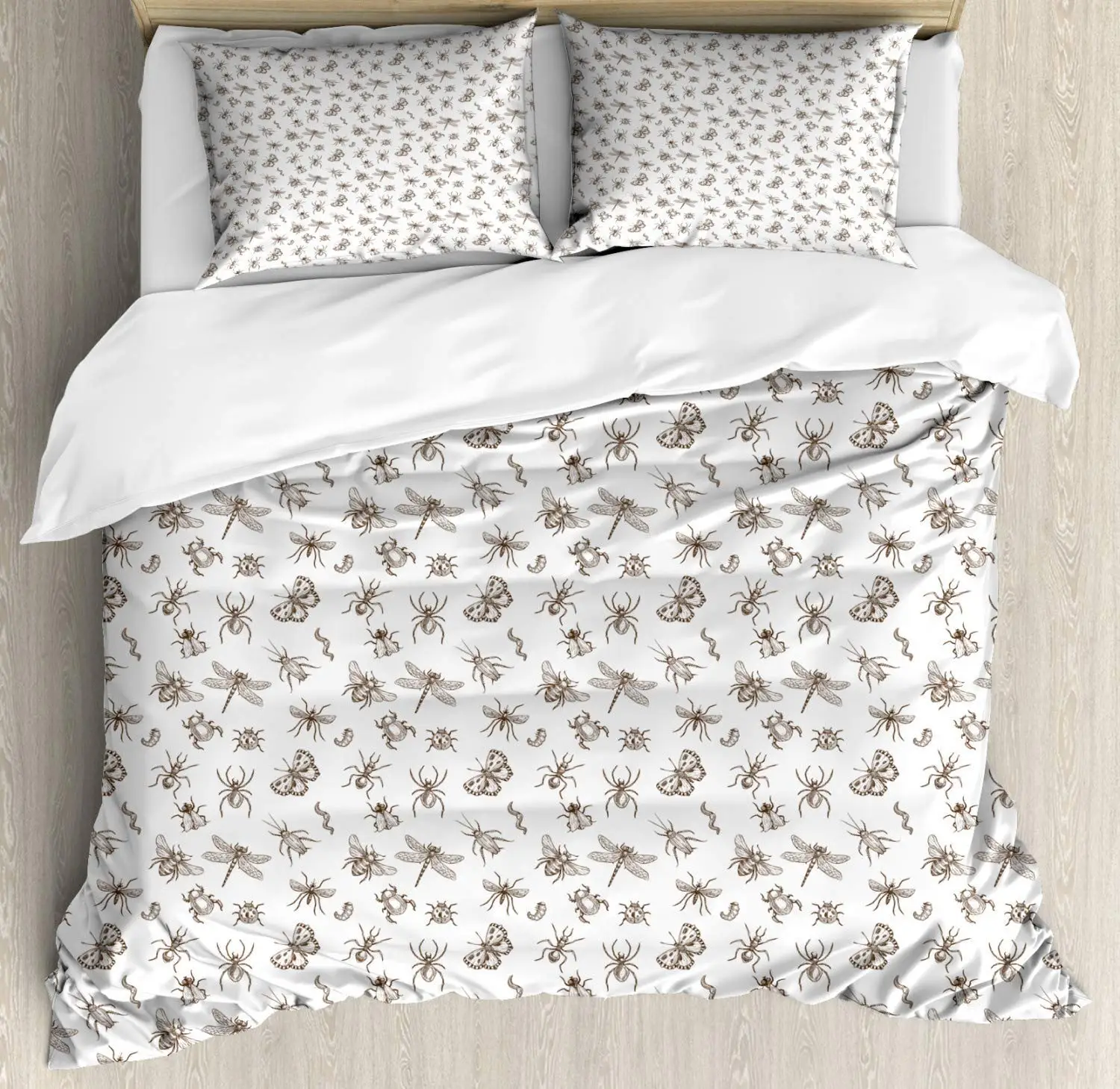 Insects Duvet Cover Set Repeating Pattern of Monochrome Various Entomological Creature Decorative 3 Piece Bedding Set