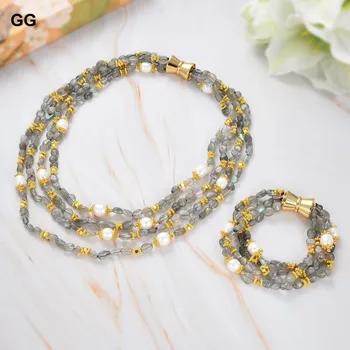 GuaiGuai 보석 천연 4 가닥 Labradorite 교양 흰 쌀 진주 목걸이, 19.5