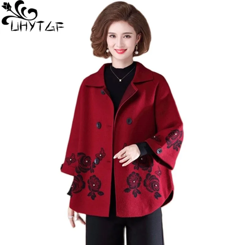 UHYTGF 2022 Middle-Aged Mother Spring Autumn Jacket Knitted Cardigan Women's Double Breasted Loose 5XL Big Size Tops Coat 2180