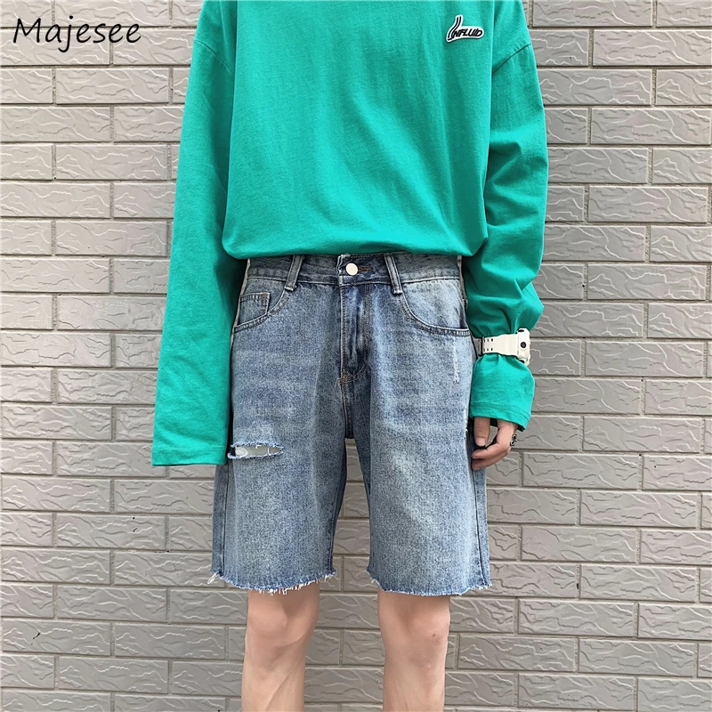 Men Casual Shorts Denim Male Trousers Ripped Hole Fur-lined Solid Ulzzang Fashion All-match Holiday Daily 3XL Hot Selling Summer