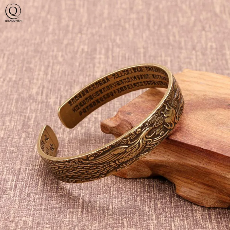 Retro Brass Dragon Phoenix Pattern Princess Bangle Classic Pure Copper Open Bracelet Ancient Women Wristband Valentine's Gifts