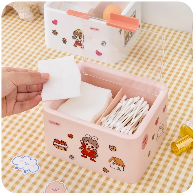 

2021 New Dust-proof Kawaii Storage Box Desktop Makeup Remover Cotton Swabs with Lid Student Dormitory Artifact