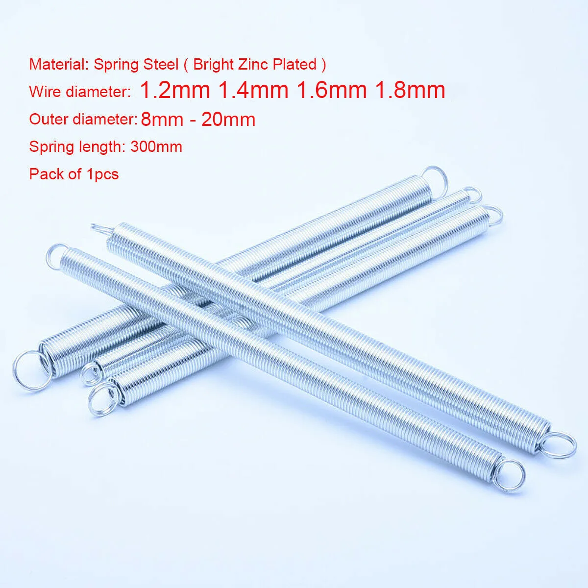 

1Pcs Length 300mm Spring Steel Dual Hook Tension Extension Spring Bright Zinc Plated Wire Dia 1.2mm 1.4mm 1.6mm 1.8mm