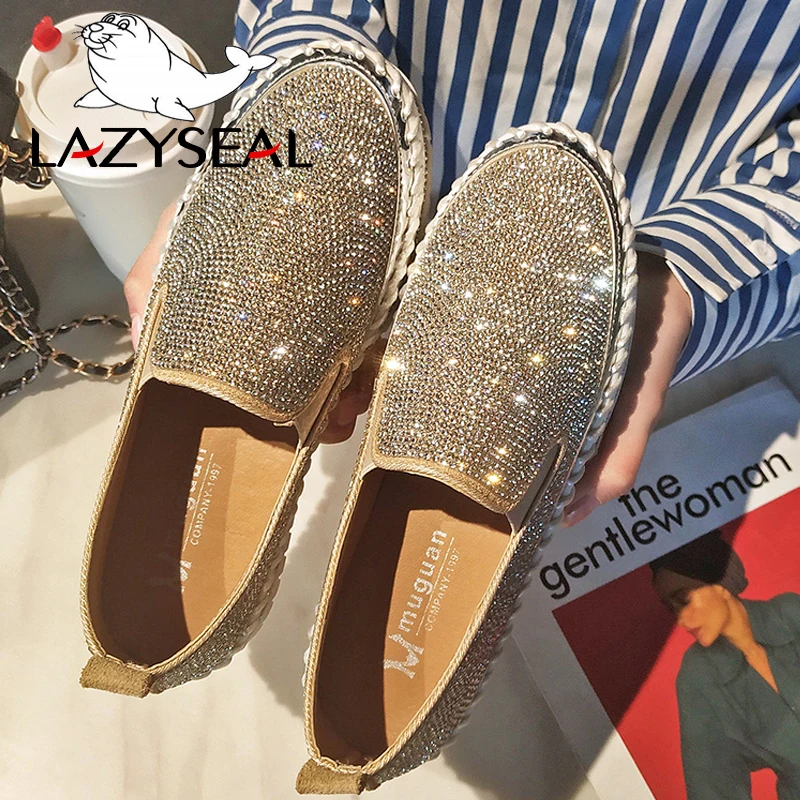 LazySeal Crystal Diamonds Women Flats Bling Woman Shoes Rhinestone Ladies Casual Shoes Round Toe Slip-on Platform Shoes