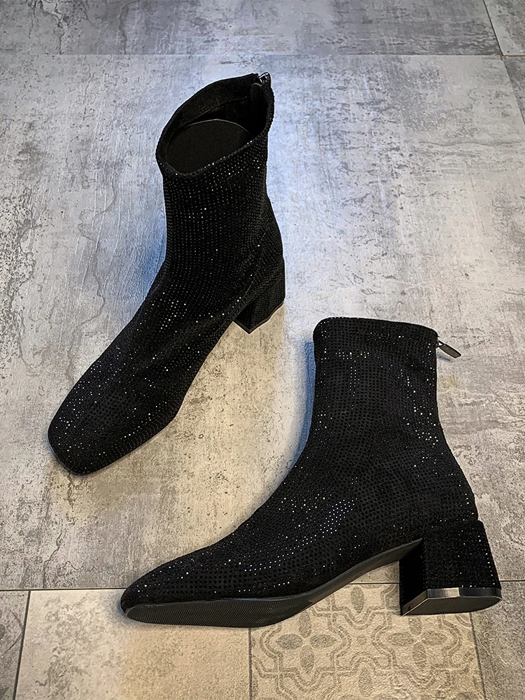 Scarpe da donna stivaletti 2020 autunno e inverno nuova moda cerniera lampeggiante diamante paillettes punta quadrata stivali con tacco medio