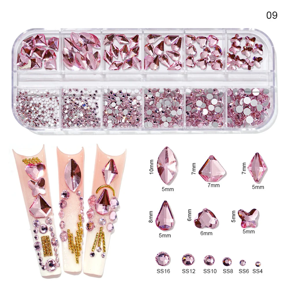 Strass multi-formes pour nail art, verre cristal 3D, diamant astronomique plat AB, 12 tailles mélangées, décoration de manucure, boîte de 12 grilles, # LK4