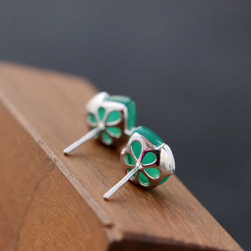 Authentic 925 Sterling Silver Lady Retro Style Charm Little Earring Inlaid Natural Green Agate Earing Trendy Style Jewelry Gift