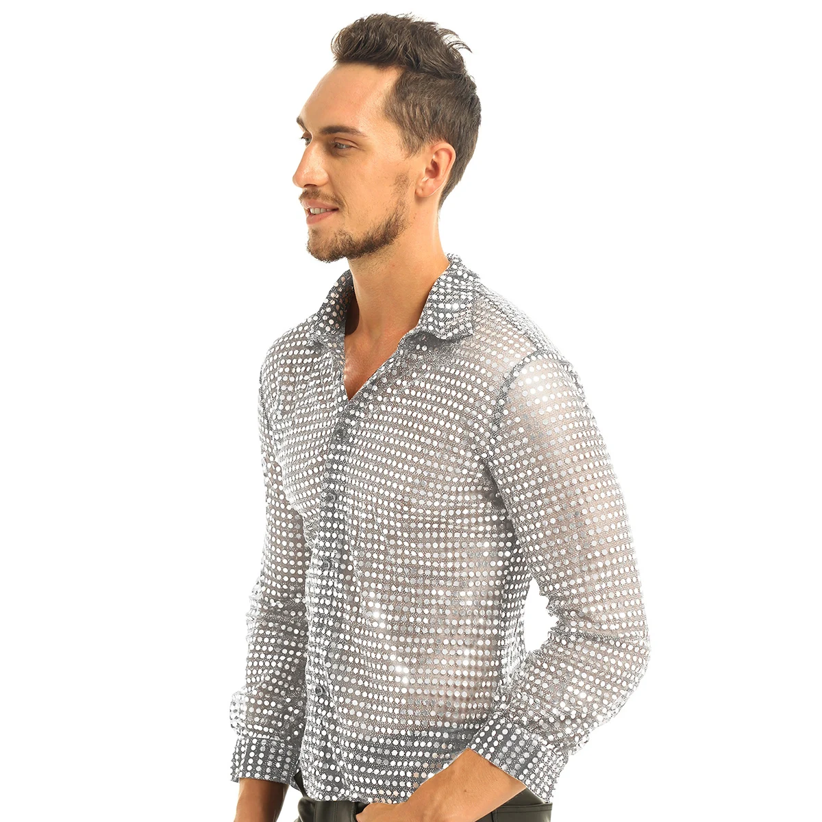 Moda masculina camisa brilhante trajes superiores lantejoulas seethru malha manga longa clubwear dança desempenho camisa superior fantasia clubwear